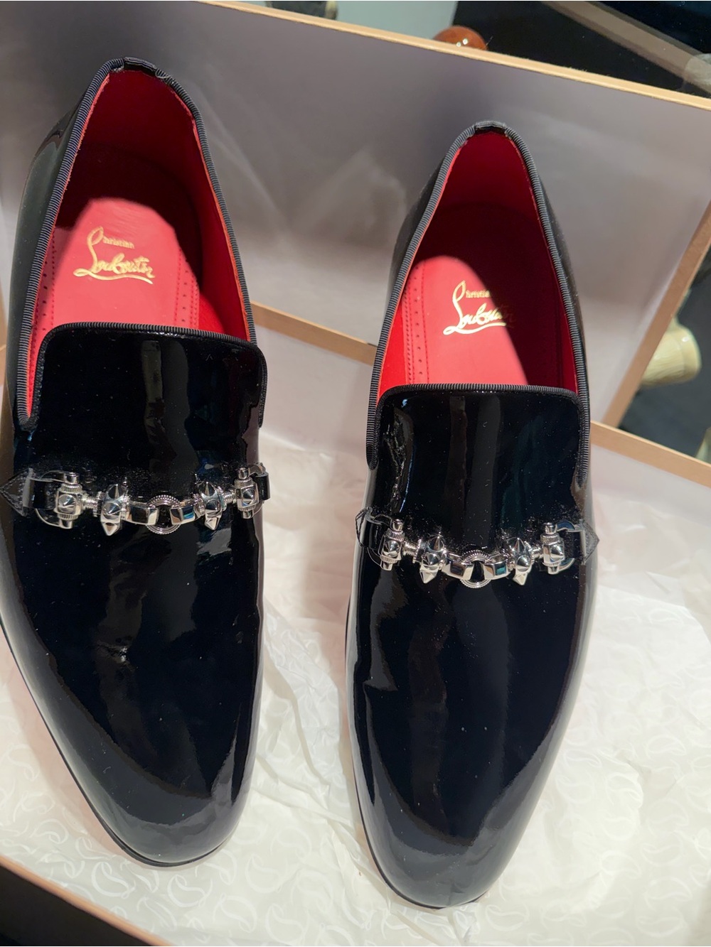 Christian Louboutin Black Patent Red Bottom Silver Chain Loafer - Picture 4 of 8
